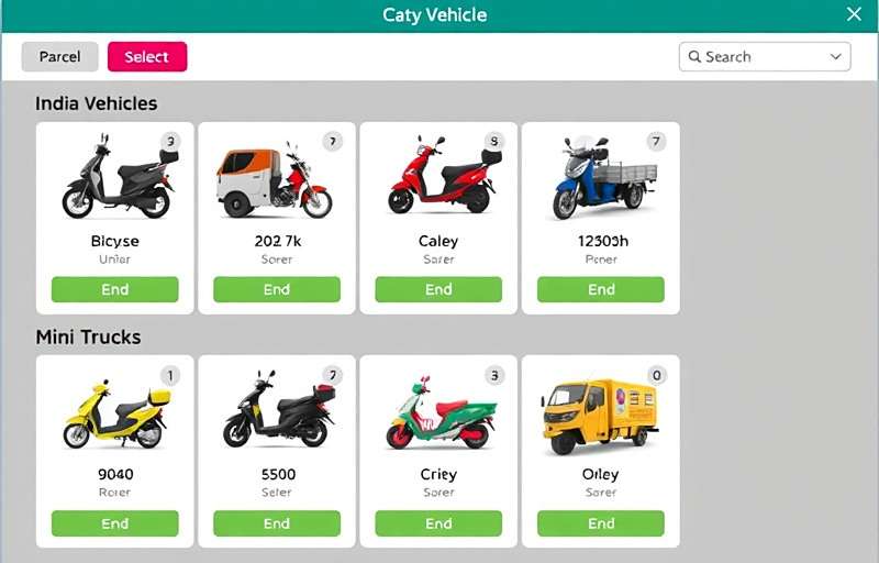 Parcel Sprinter vehicle selection screen showing various Indian delivery vehicles including bicycles, scooters and mini trucks