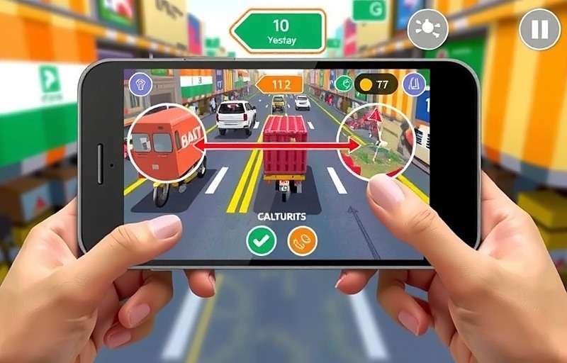 Parcel Sprinter mobile gameplay showing touch controls, minimap and delivery targets in a busy Indian market area