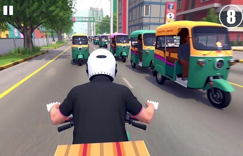 Parcel Sprinter gameplay showing a delivery rider navigating through busy Indian street with auto rickshaws and pedestrians