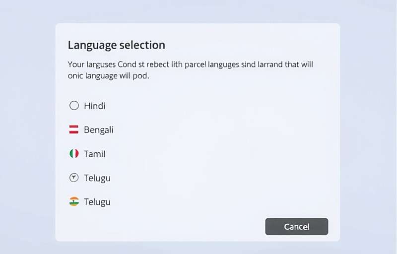 Parcel Sprinter language selection screen showing various Indian languages including Hindi, Bengali, Tamil and Telugu